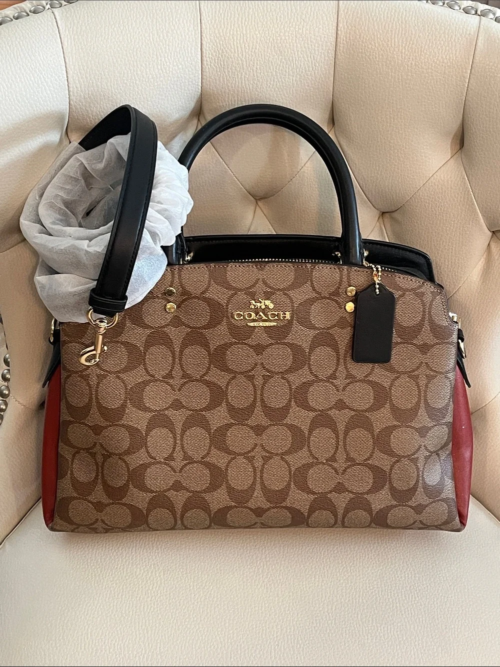 Coach Brown Signature Leather Satchel Rust Side Panels crossbody  Eye Catching
